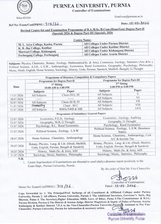 purnea university part 2 and part 3 special exam program 2026 official notification release